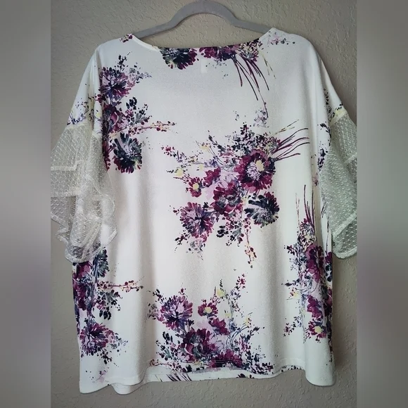 Maurices Blouse Floral Polyester Spandex Nylon Mesh Ivory Purple Scoop Sz 0 (xs) - Picture 5 of 8